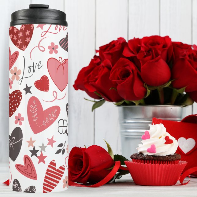 Rosa und blaue Liebe und Herz Kunst Thermosbecher (Pink And Blue Love And Hearts Folk Art Thermal Tumbler)