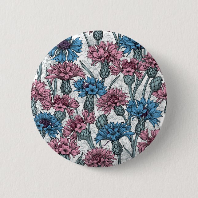 Rosa und blaue Maisblumen, weiße Blume Button (Vorderseite)
