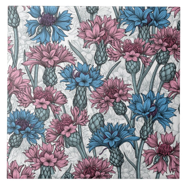 Rosa und blaue Maisblumen, weiße Blume Fliese (Vorderseite)