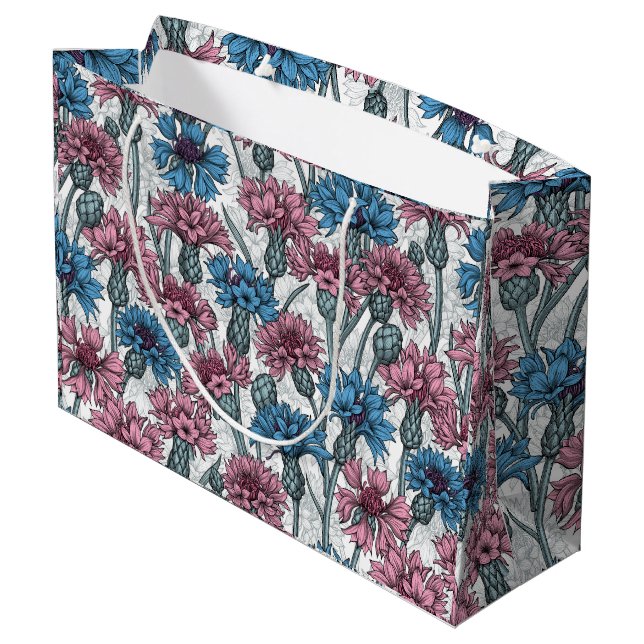 Rosa und blaue Maisblumen, weiße Blume Große Geschenktüte (Rückseite Schrägansicht)