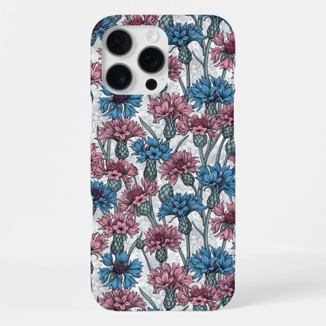 Rosa und blaue Maisblumen, weiße Blume iPhone 16 Pro Max Hülle (Rückseite)