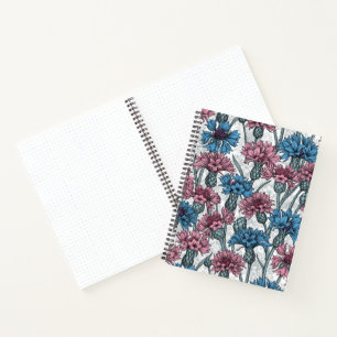 Rosa und blaue Maisblumen, weiße Blume Notizbuch