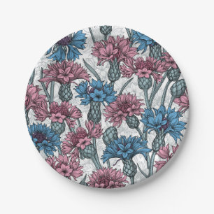 Rosa und blaue Maisblumen, weiße Blume Pappteller