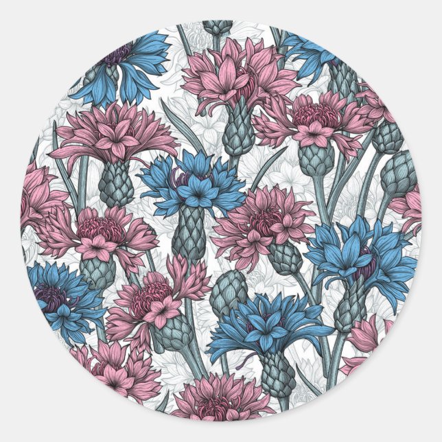 Rosa und blaue Maisblumen, weiße Blume Runder Aufkleber (Vorderseite)
