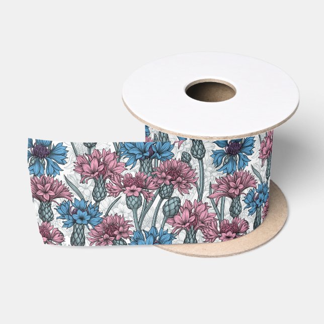 Rosa und blaue Maisblumen, weiße Blume Satinband (Spule)
