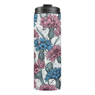 Rosa und blaue Maisblumen, weiße Blume Thermosbecher