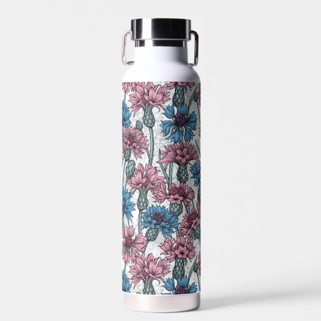 Rosa und blaue Maisblumen, weiße Blume Trinkflasche (Vorne)