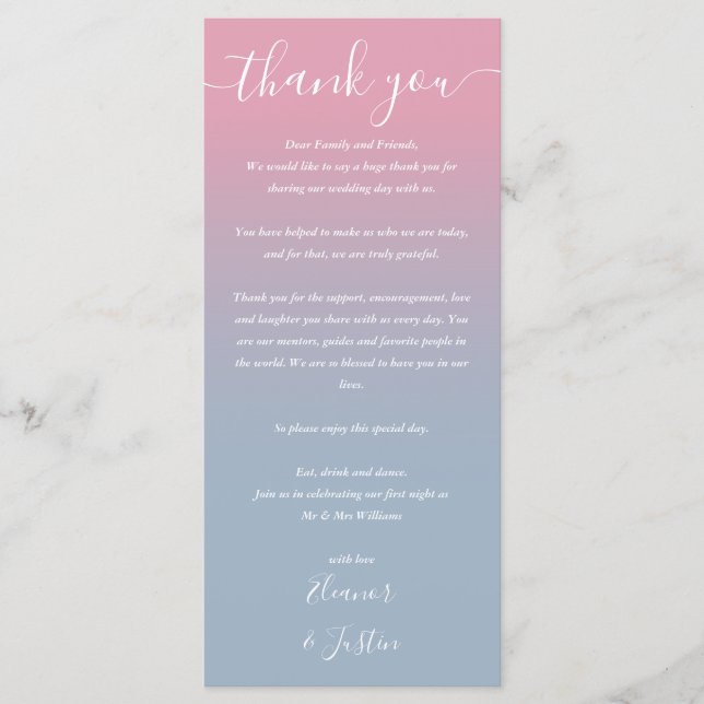 Rosa und blaue Ombre Hochzeitsempfehlung Platzkart Menükarte (Vorderseite)