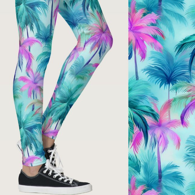 Rosa und blaue Palmen Tropisches Muster Leggings (Von Creator hochgeladen)