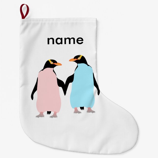 Rosa und blaue Pinguine halten Hände. Großer Weihnachtsstrumpf (Vorderseite)