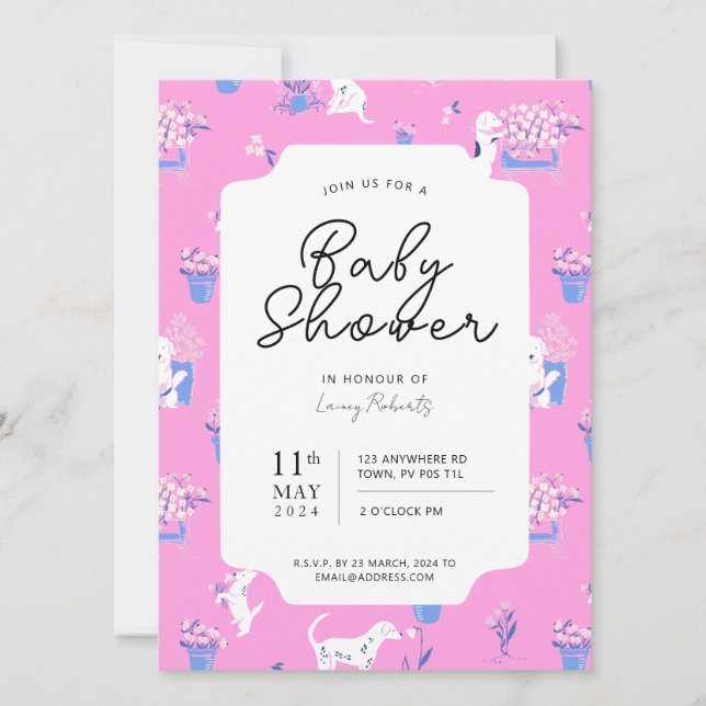 Rosa und blaue Puppy Dog Bloral Baby Dusche Einladung (Vorderseite)