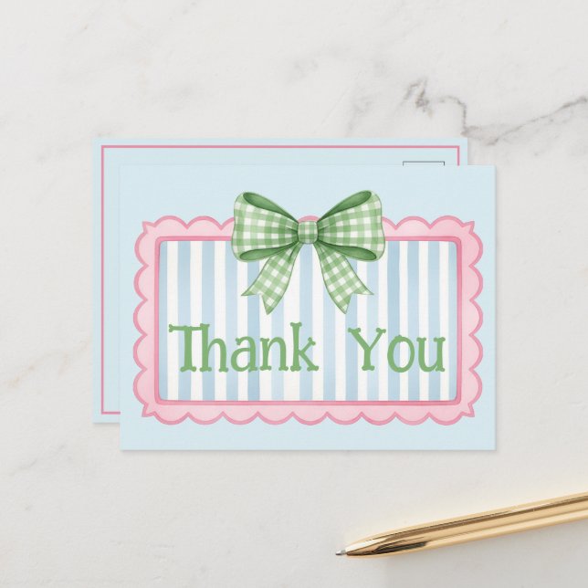 Rosa und blaue Rahmung grüne Gingham-Schleife Dank Postkarte (Vorderseite/Rückseite Beispiel)