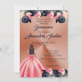Rosa und blaue Rose Gold Blumenquinceanera Einladung