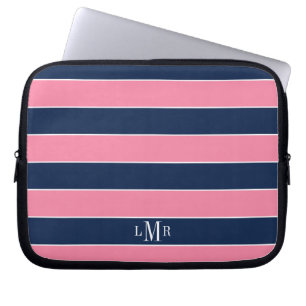 Rosa und blaue Rugby Streifen Mit Monogramm Laptopschutzhülle