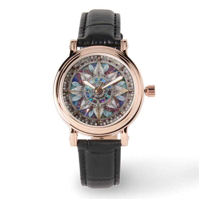 Rosa und blaue Saphire Diamonds Pearls Mandala Armbanduhr (Vorderseite)