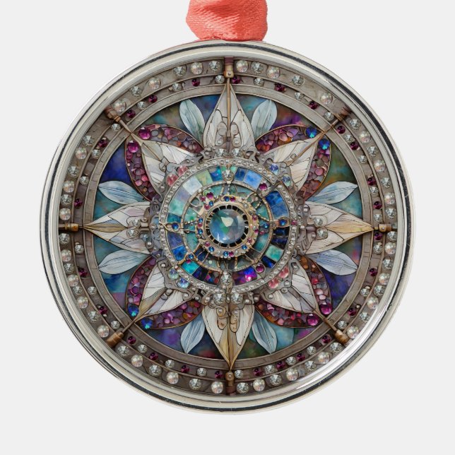 Rosa und blaue Saphire Diamonds Pearls Mandala Ornament Aus Metall (Vorne)