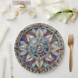 Rosa und blaue Saphire Diamonds Pearls Mandala Pappteller