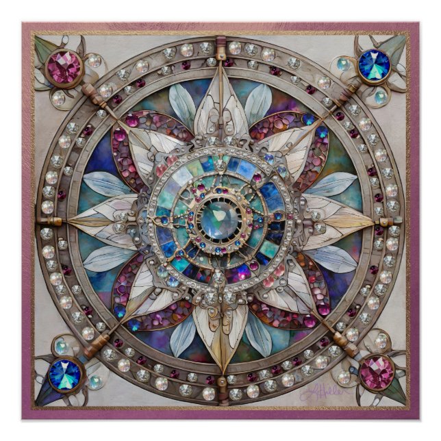 Rosa und blaue Saphire Diamonds Pearls Mandala Poster (Vorderseite)