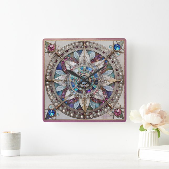 Rosa und blaue Saphire Diamonds Pearls Mandala Quadratische Wanduhr (Zuhause)