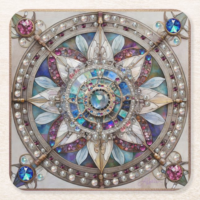 Rosa und blaue Saphire Diamonds Pearls Mandala Rechteckiger Pappuntersetzer (Vorderseite)