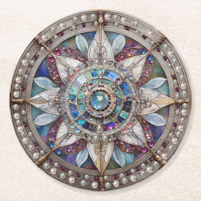 Rosa und blaue Saphire Diamonds Pearls Mandala Runder Pappuntersetzer (Vorderseite)