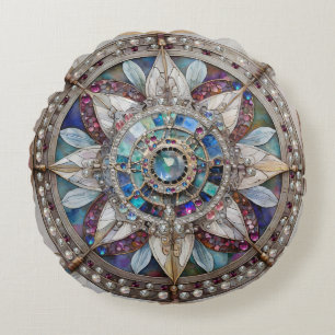Rosa und blaue Saphire Diamonds Pearls Mandala Rundes Kissen