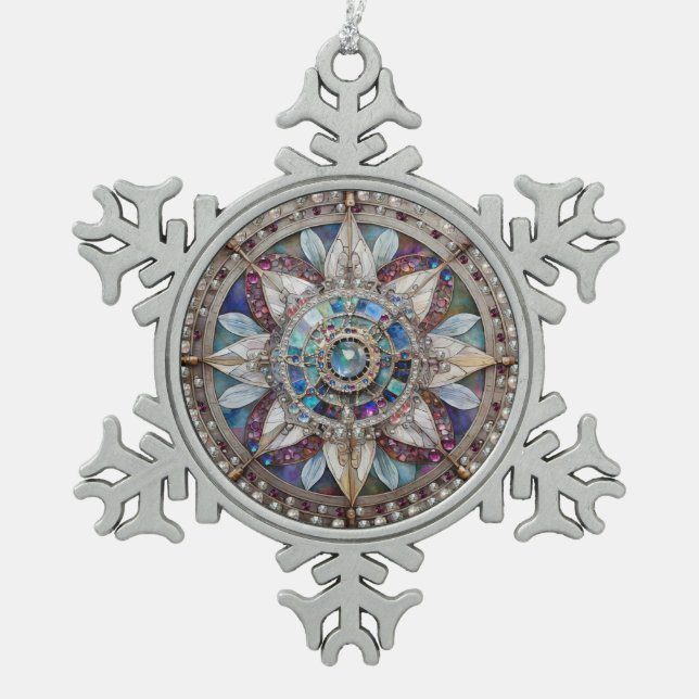 Rosa und blaue Saphire Diamonds Pearls Mandala Schneeflocken Zinn-Ornament (Vorderseite)