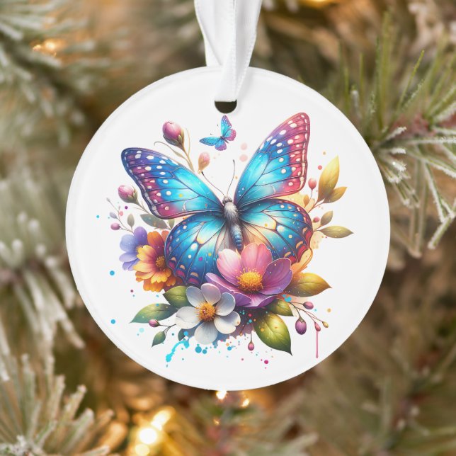 Rosa und blaue Schmetterlinge in Blume Personalisi Ornament (Baum)
