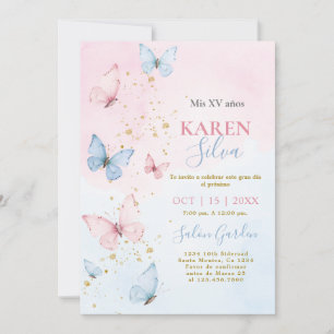 Rosa und blaue Schmetterlinge Quinceañera Einladun Einladung