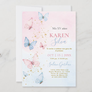 Rosa und blaue Schmetterlinge Quinceañera Einladun Einladung