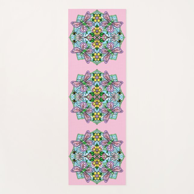 Rosa und blaue Schmetterlinge und Blume Mandala Yogamatte (Vorderseite)