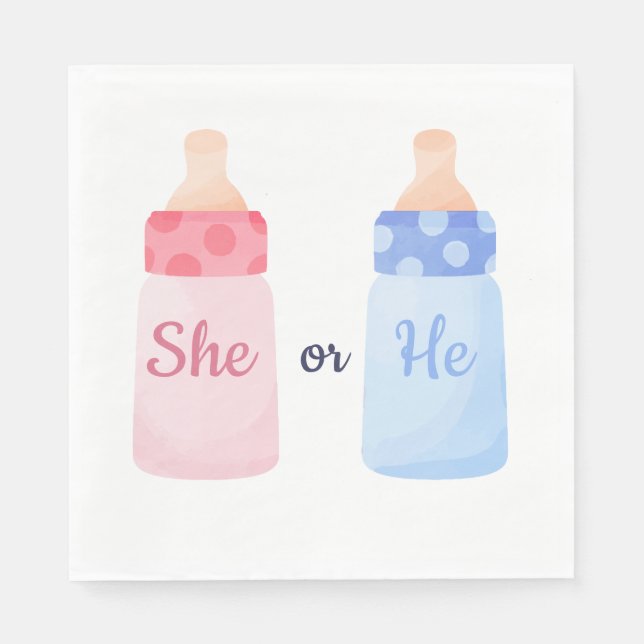 Rosa und Blaue „Sie oder Er?“ Flaschen Geschlecht  Serviette (Vorderseite)