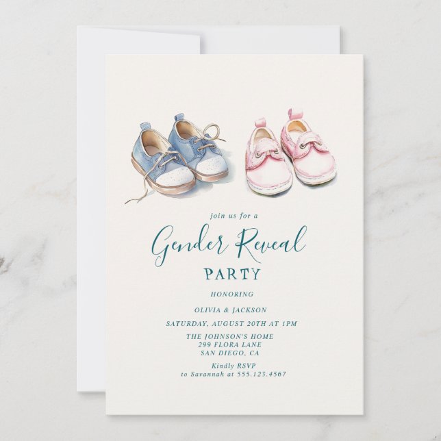 Rosa und blaue Sneakers Gender Reveal Party Einladung (Vorderseite)