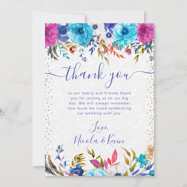 Rosa und blaue Sommer-Blume Hochzeit Dankeskarte (Vorderseite)