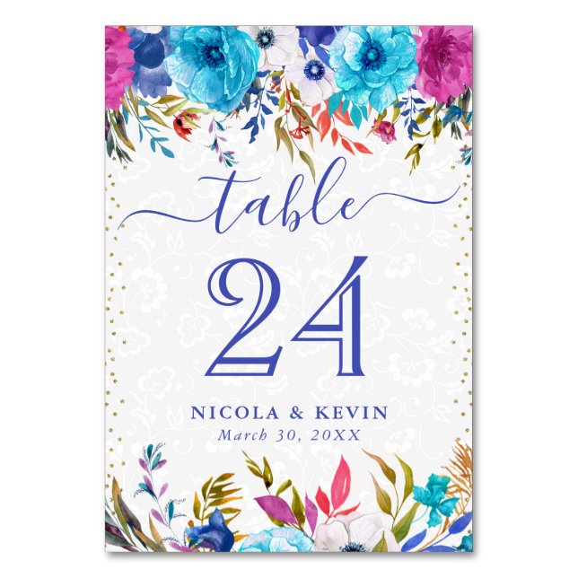 Rosa und blaue Sommer-Blume Hochzeit Tischnummer (Vorderseite)