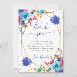 Rosa und blaue Sommer-Blume Rahmen Sweet 16 Dankeskarte