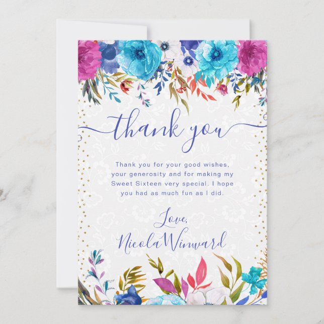 Rosa und blaue Sommer Blume Süß 16 Dankeskarte (Vorderseite)