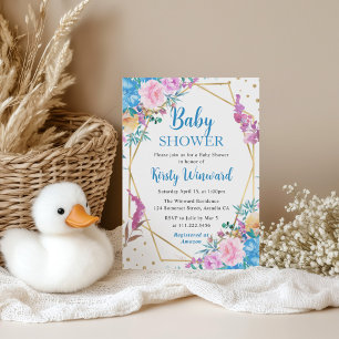 Rosa und Blaue Sommerblumen Rahmen Baby Shower Einladung