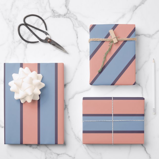 Rosa und blaue Streifen Geschenkpapier Set (Vorderseite)