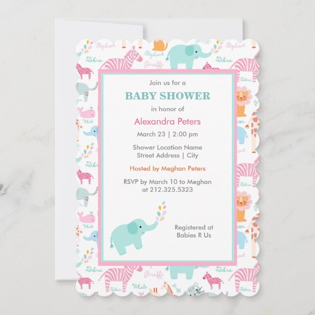 Rosa und blaue Tier-Safari-Baby-Dusche Einladung (Vorderseite)