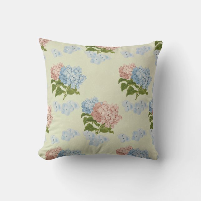 Rosa und blaue Vintage Hydrangea-Blumen Kissen (Vorderseite)