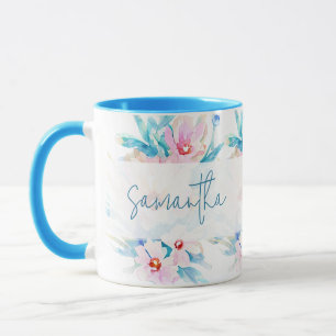 Rosa und blaue Wasserfarbe florale personalisiert Tasse