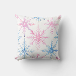 Rosa und blaue Wasserfarbe Schneeflocke Kissen
