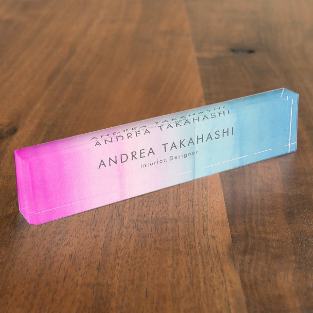 Rosa und blaue Wasserfarben Ombre Personalisiert Namensplakette (Seite)