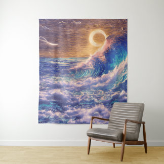 Rosa und blaue Wellen Goldener Horizont Wandteppich