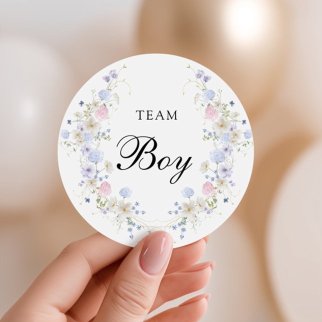 Rosa und blaue Wildblume Gender Reveal Team Boy Runder Aufkleber (Von Creator hochgeladen)