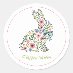 Rosa und blaue Wildblumen-Osterhase Runder Aufkleber