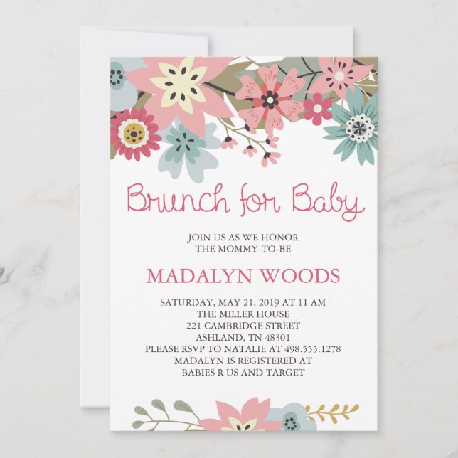 Rosa und blauer BlumenBrunch für Baby-Einladung Einladung (Vorderseite)