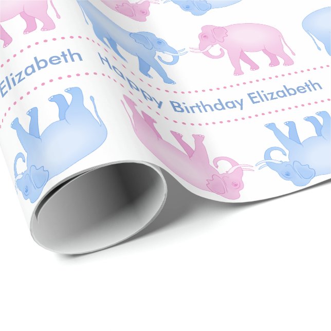 Rosa und blauer Elefant-Geburtstag oder Geschlecht Geschenkpapier (Rolleneckpunkt)