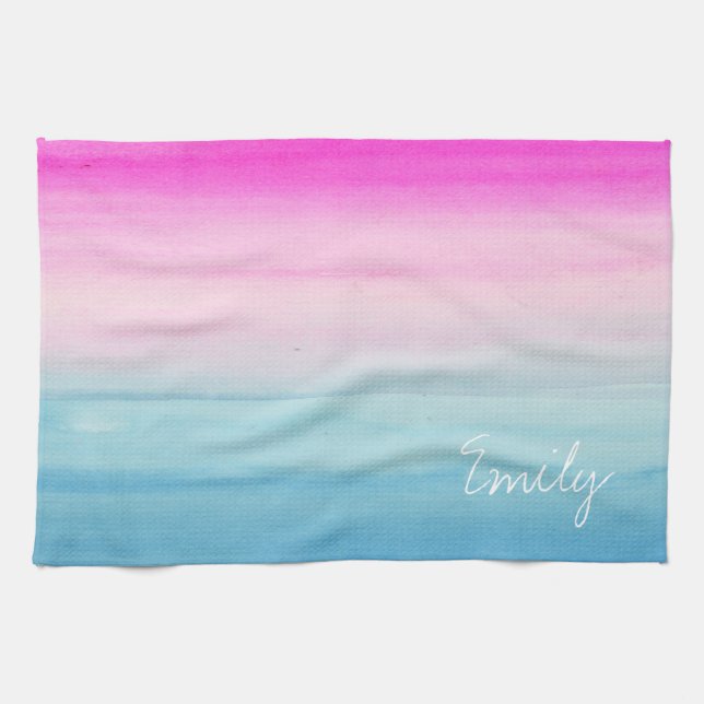 Rosa und blauer Ombre Watercolor personalisiert Küchentuch (Horizontal)